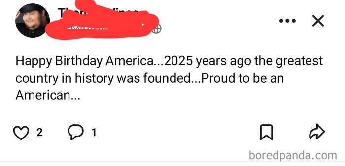 Screenshot of a wild post from a neighbors app celebrating America’s birthday with a humorous historical claim.