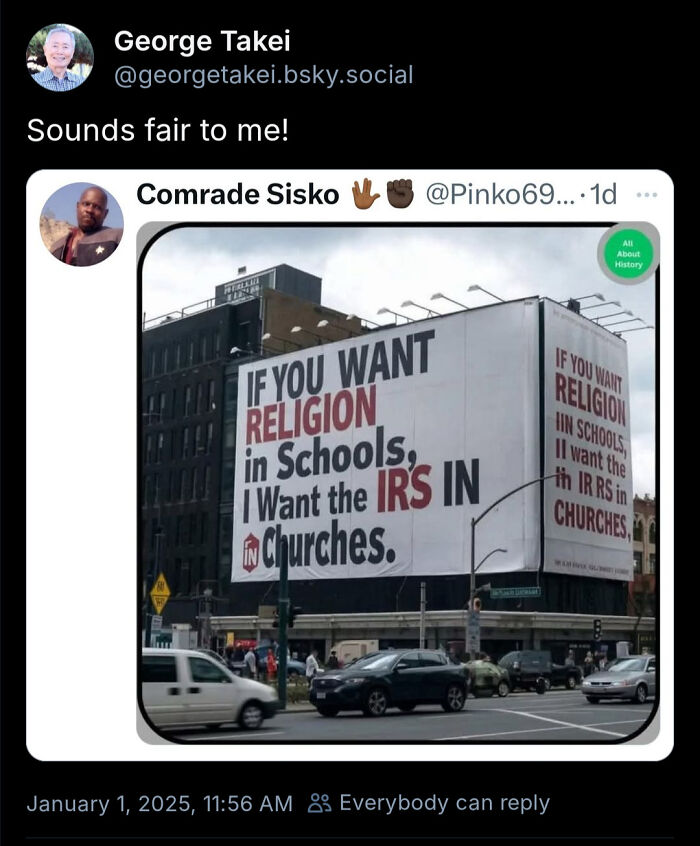 Twitter screenshot showing a billboard about religion in schools and IRS in churches from White People Twitter screenshots.