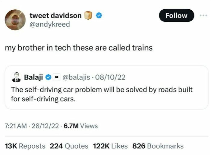 Tech humor tweet with epic burn about self-driving cars and trains.