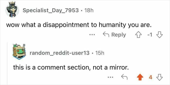 Funny people roasts in a Reddit comment exchange about self-reflection and disappointment.