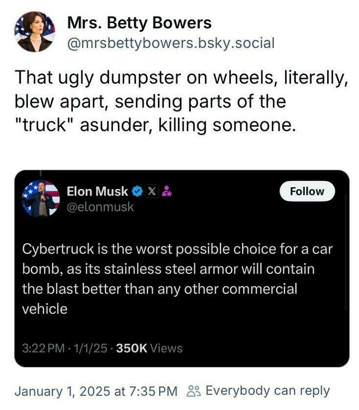 Screenshot of White People Twitter conversation discussing Elon Musk's Cybertruck and a fatal accident involving a truck.