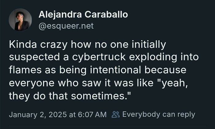 Tweet screenshot from White People Twitter humorously discussing a cybertruck explosion not being seen as intentional.