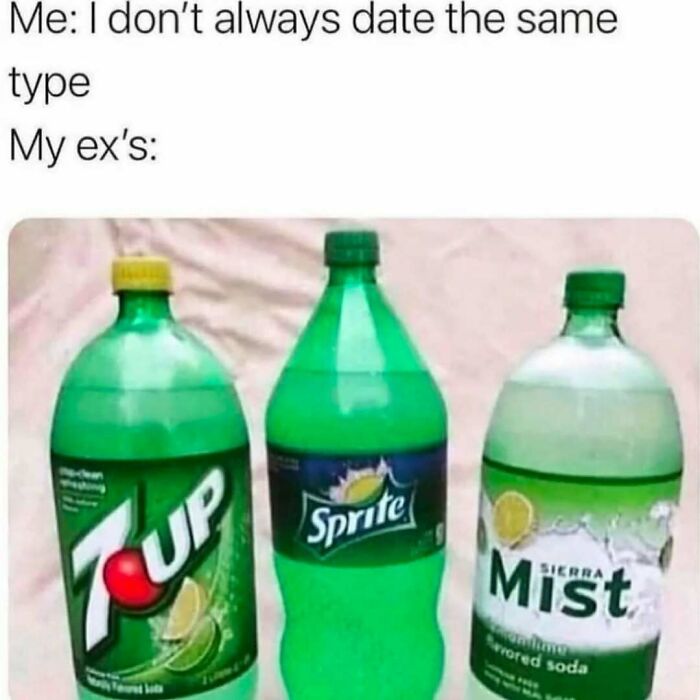 Funny meme showing three similar lemon-lime sodas labeled 7UP, Sprite, and Sierra Mist, highlighting relatable humor.