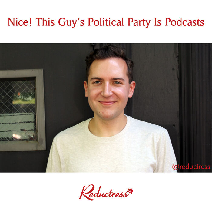 Smiling man in white shirt posing against black wall with a funny fake article headline from Reductress online magazine.