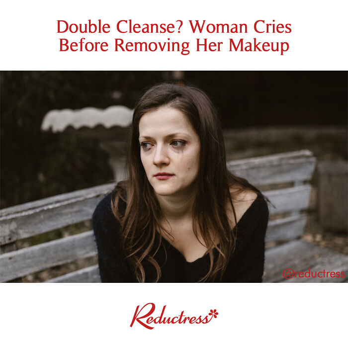 Woman crying on bench before removing makeup, featured in funny fake article headlines from Reductress online magazine.