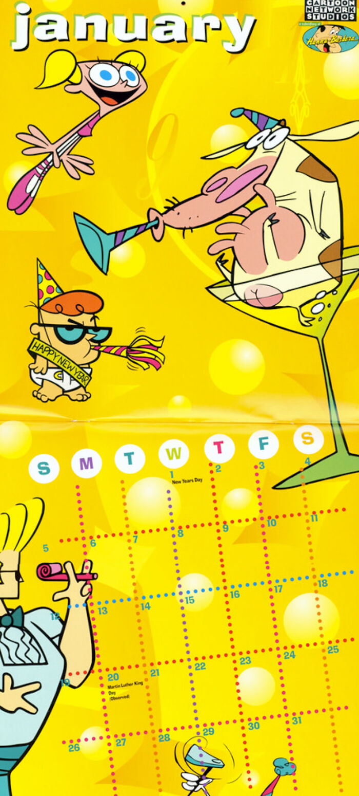 Cartoon calendar page for January featuring characters, humorously commenting on consumerism with colorful design.