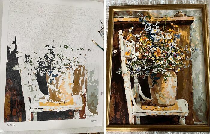Paint by numbers on left and completed floral painting on right; new hobbies for 2025.