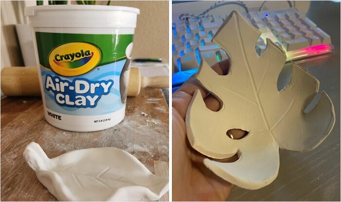 Air-dry clay leaf craft near a keyboard, showcasing new hobbies in 2025.