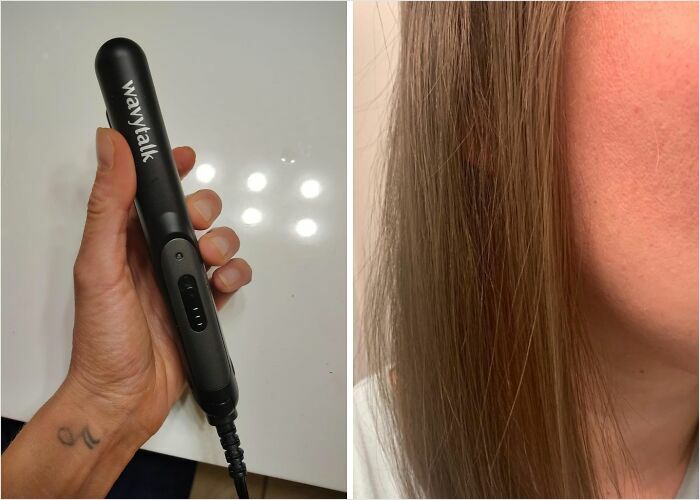 Hand holding a compact hair straightener and smooth straightened hair, perfect for travel light and smart packing.