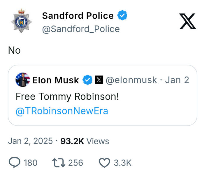 Twitter screenshot from White People Twitter showing Sandford Police replying "No" to Elon Musk's tweet.