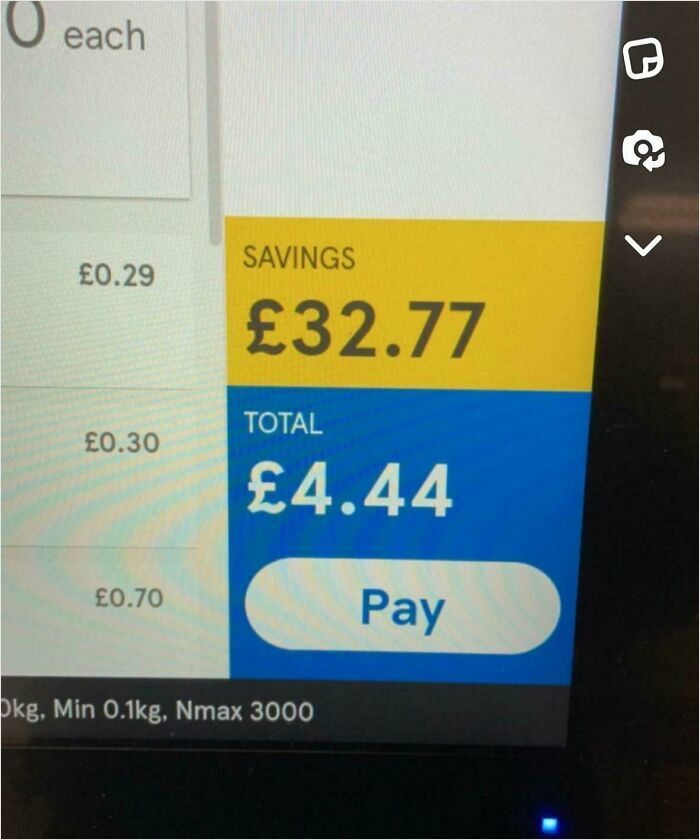Supermarket checkout screen showing savings of £32.77 on a total of £4.44, showcasing British shopping humor.