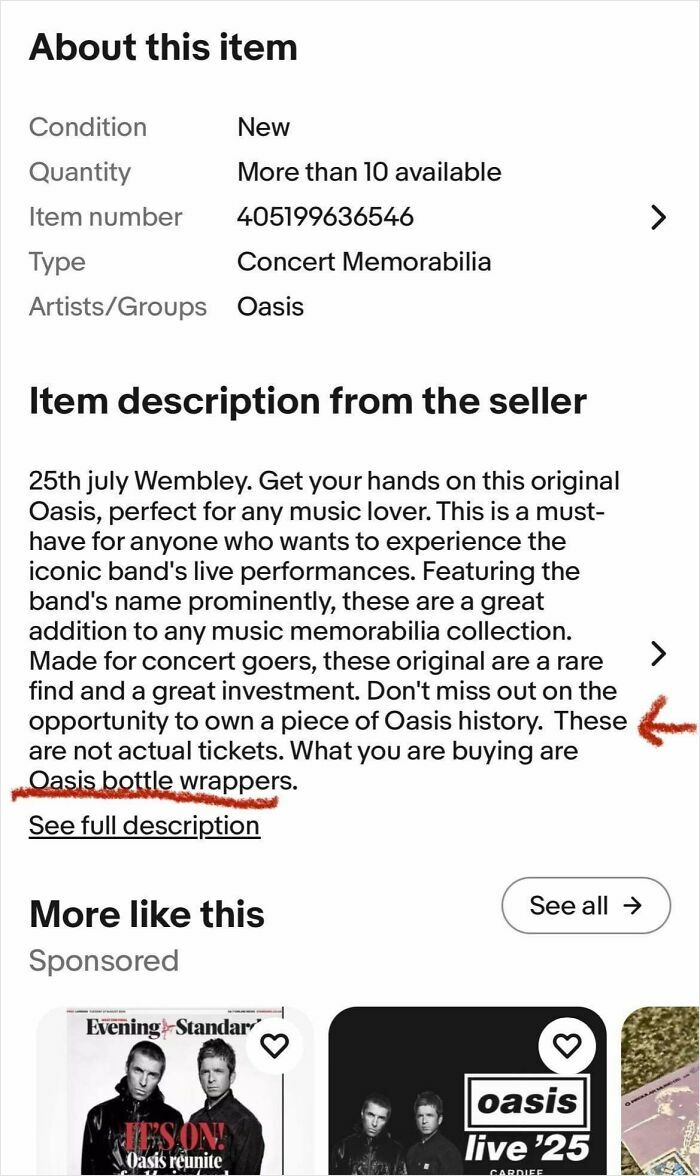 UK humor: Ad for Oasis concert memorabilia reveals item is actually Oasis bottle wrappers, not tickets.