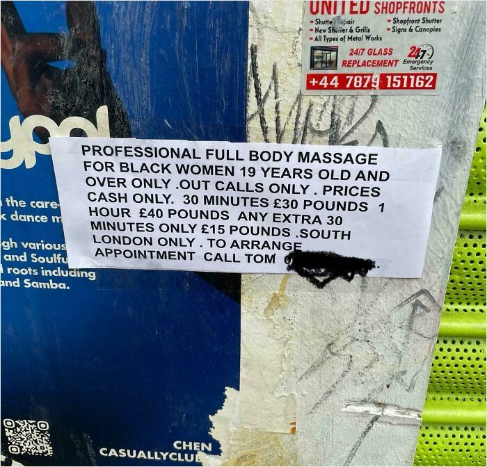 Sign in London offering massage services, showcasing British humor with its unusual service and pricing details.