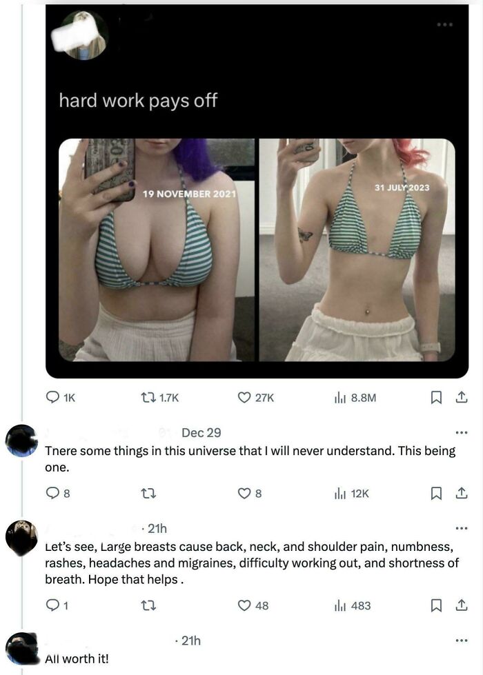 Comparison of two bikini photos showing weight loss over 20 months with comments discussing physical impact.