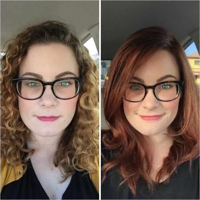 Woman wearing glasses with curly blonde hair and straight red hair, showcasing changing hair color.