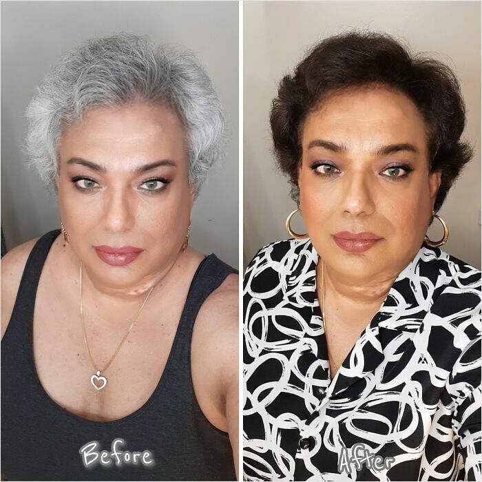 Before and after photo showing a woman's changing hair color from gray to brunette, highlighting a transformation.