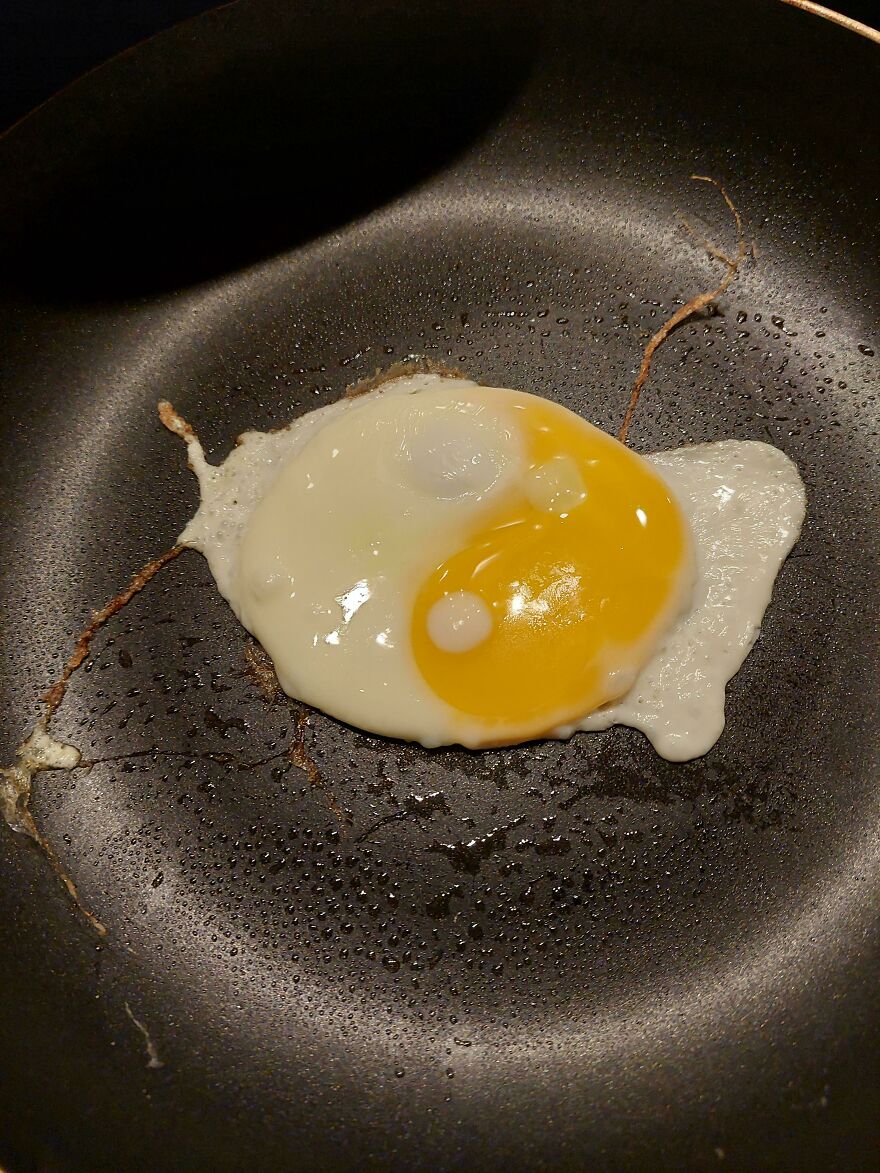 Fried egg in a pan with oil spots creating a tree-like pattern, resembling things that look like other things.
