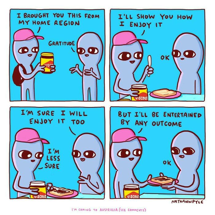 Two aliens discussing spreading food from a jar marked "viscous" on toast, highlighting an Australian experience.