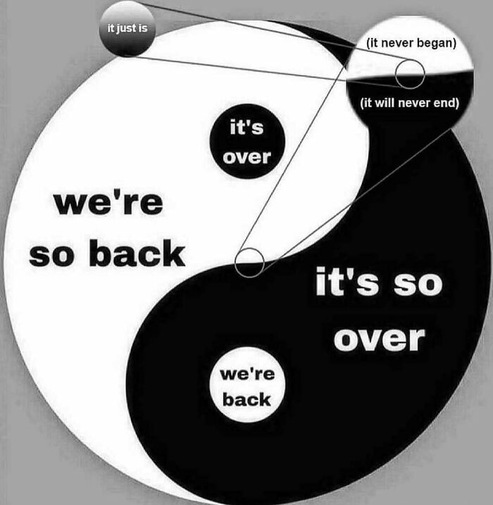 Yin yang meme with phrases about endings and comebacks, illustrating humorous relatable therapy meme concepts.