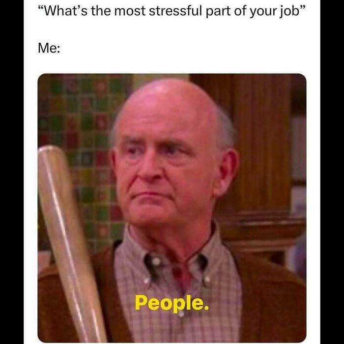 Man holding a bat with stressed expression, meme about work stress and funny relatable therapy memes.