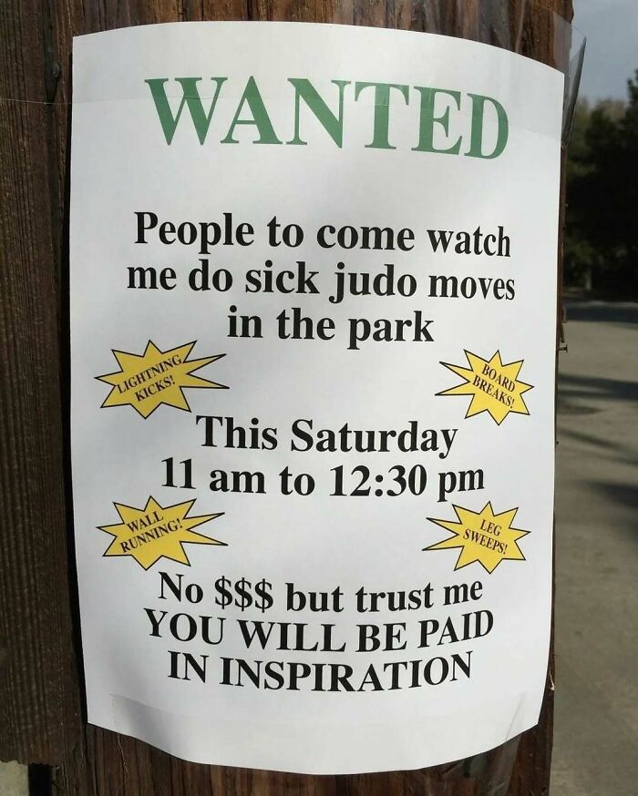 Wanted poster on a pole promoting judo moves in the park with funny fake product-style starburst claims.