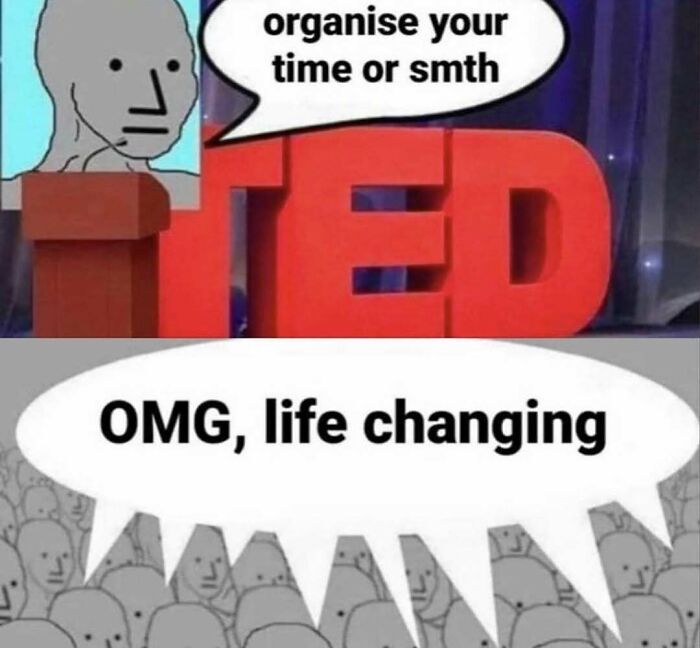 Meme showing a gray figure giving a dull TED talk about organizing time with crowd reacting as if it is life changing.