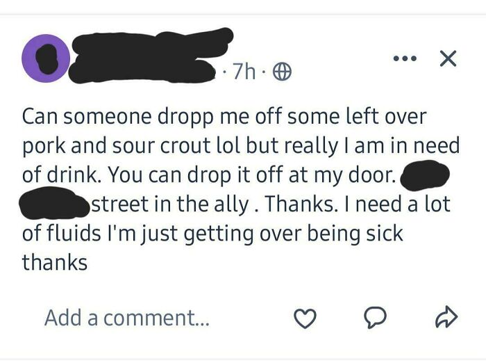 Screenshot of a wild post on a neighbors app requesting leftover pork, sour kraut, and drinks for recovery.