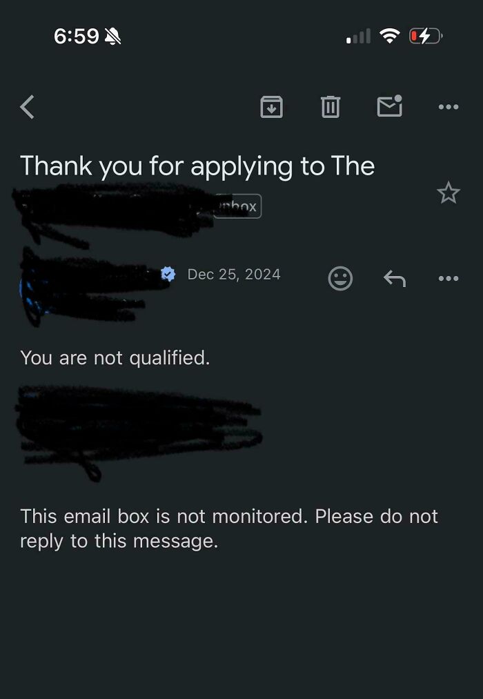 Rejection email stating "You are not qualified," depicting a recruiting hell scenario.