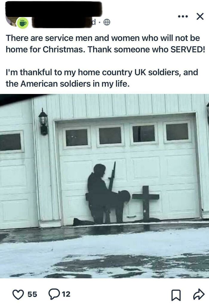 Screenshot of a post from an app dedicated to neighbors showing a soldier silhouette beside a cross on a snowy driveway.