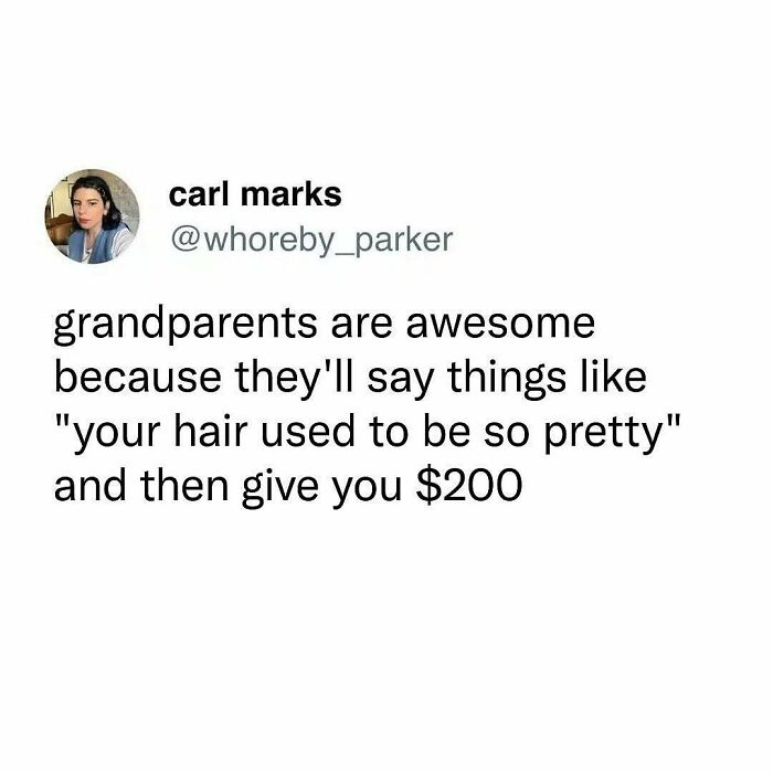 Tweet humor about grandparents and money, relatable to the Avocado Generation.