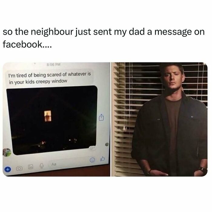 Dad humor meme showing text message about a creepy window and a cutout prank.