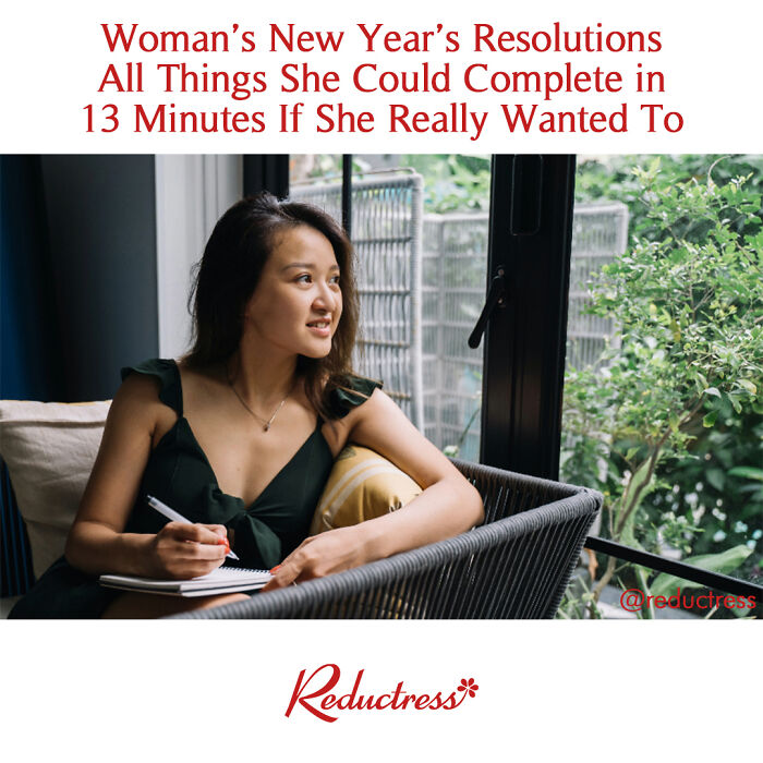 Woman writing New Year's resolutions, relaxing on a chair by the window, related to funny Reductress fake article headlines.