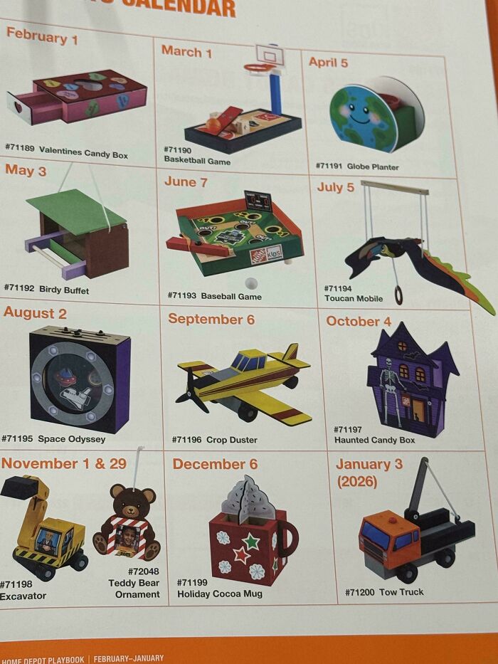 Home improvement craft calendar with DIY projects for kids, featuring designs like Birdy Buffet and Valentine Candy Box.