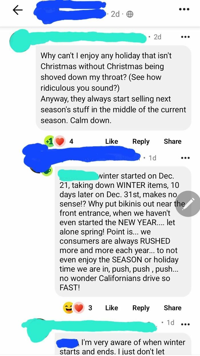 Screenshot of wild neighbor app posts debating holiday seasons and shopping rush, highlighting neighbors' heated opinions.