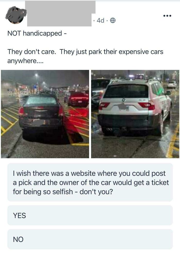 Screenshots of cars parked selfishly in handicap spots shared on an app dedicated to neighbors complaints and posts