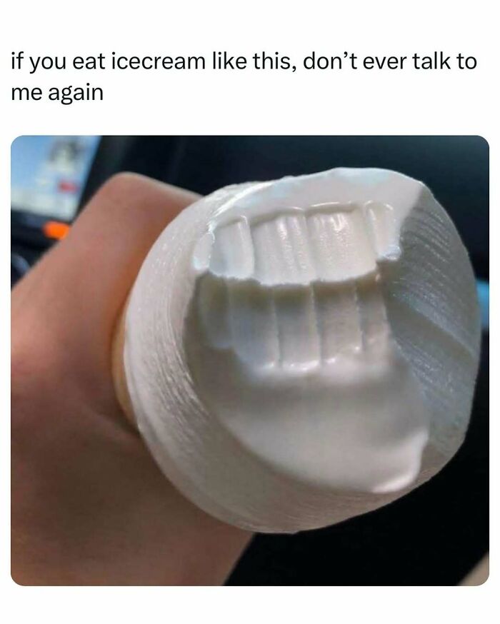 Bite marks on ice cream with text about unusual eating habits, humor from College Confessions memes.