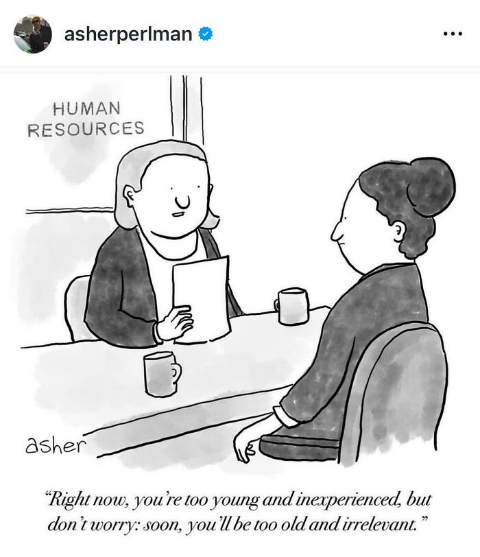 Cartoon of a human resources interview highlighting the absurdity of job recruiting challenges.