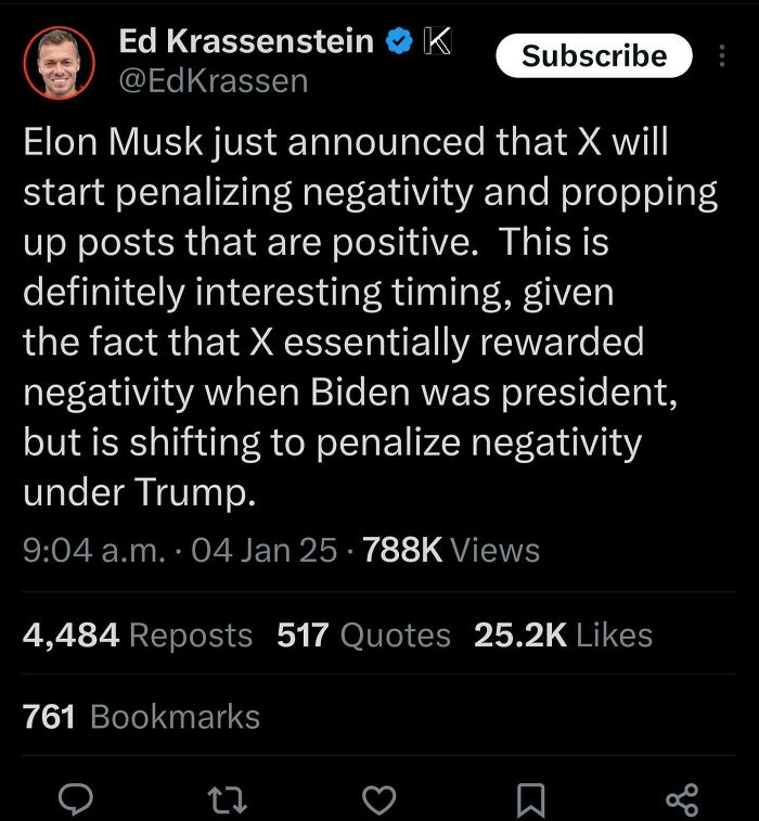 Screenshot of a White People Twitter post discussing Elon Musk penalizing negativity on X under Trump administration.