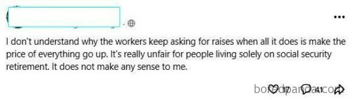 Screenshot of a wild post from a neighbors app discussing workers asking for raises and social security concerns.
