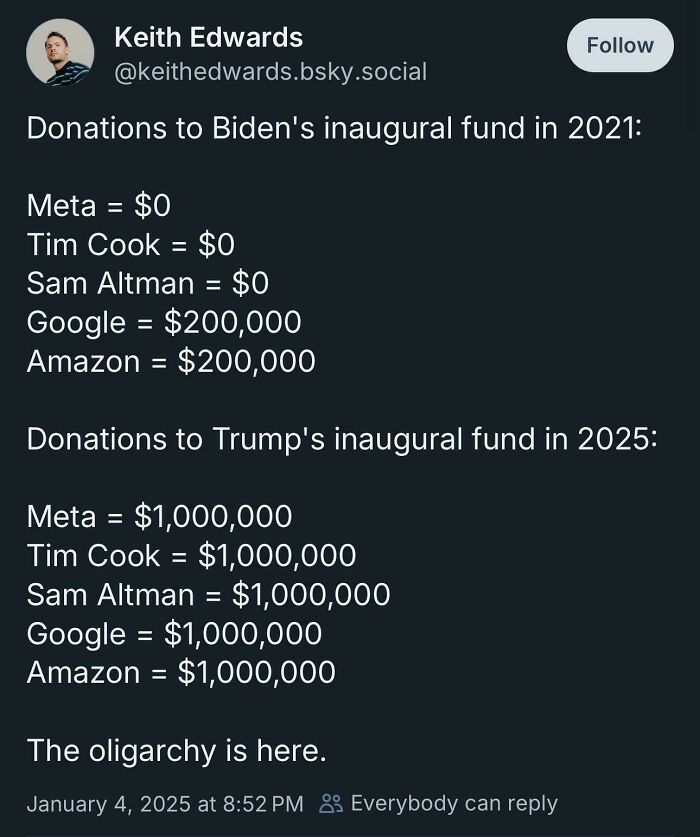 Twitter screenshot showing donation amounts from major tech leaders to Biden and Trump inaugural funds, highlighting oligarchy critique.