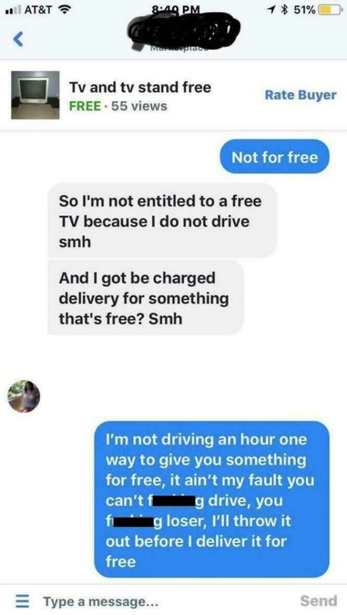 Beggars being choosers: text exchange over delivery of a free TV leads to frustration and refusal to deliver.