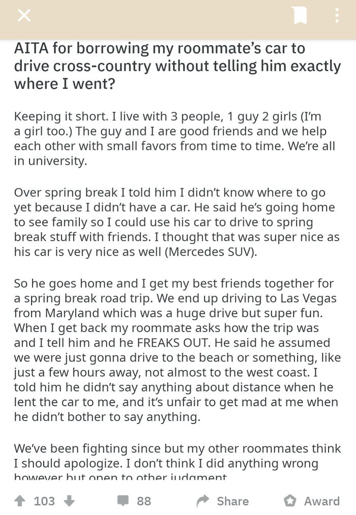 Text post about borrowing a roommate's car and driving cross-country, leading to a dispute.