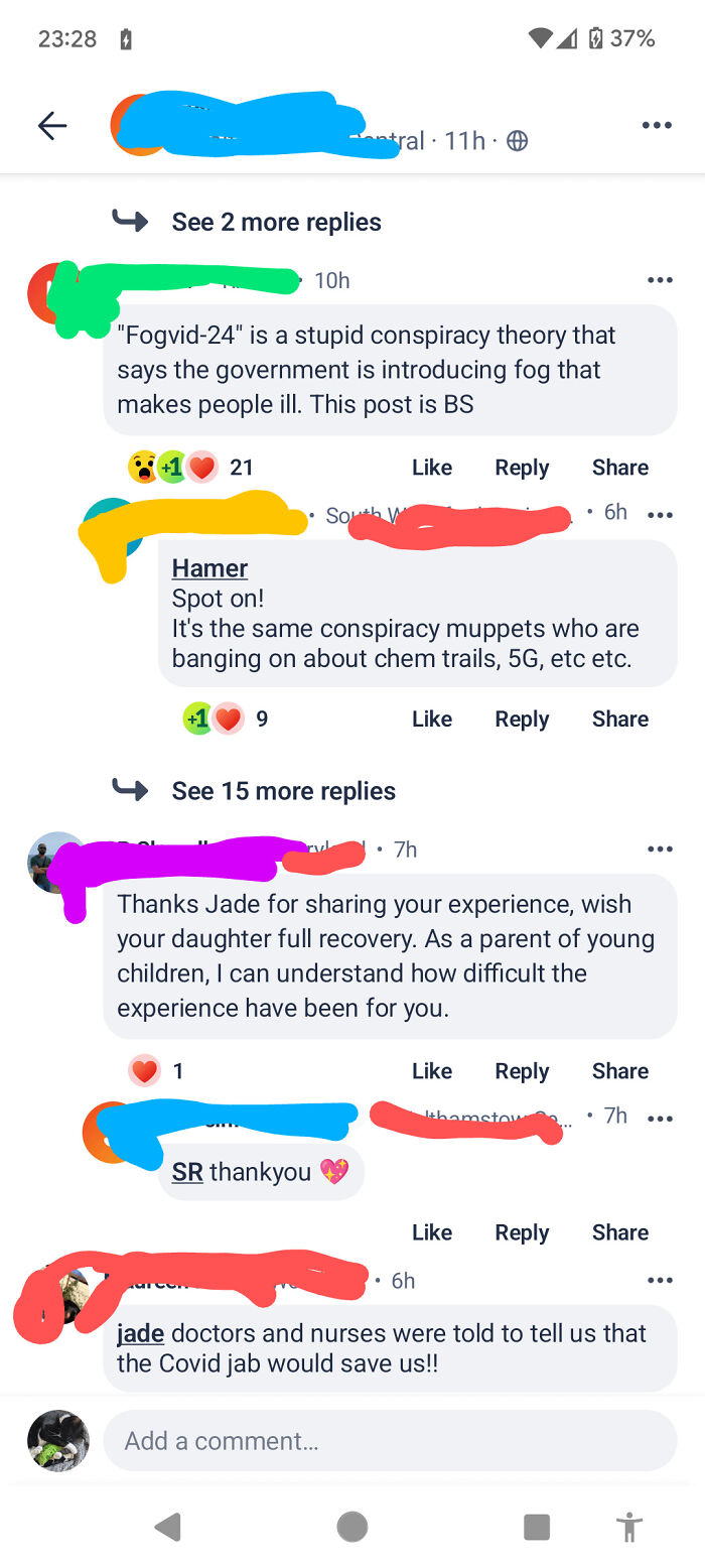 Screenshot of wild posts and neighbor comments on a social media app showing conspiracy theories and personal experiences.