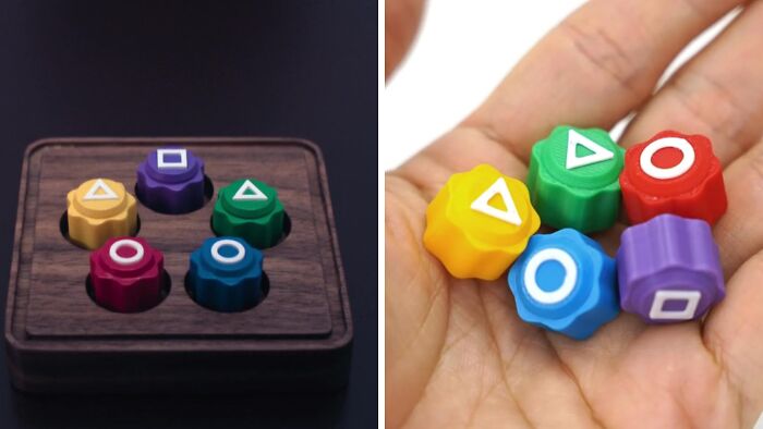 A wooden board with colorful game buttons inspired by Squid Games.