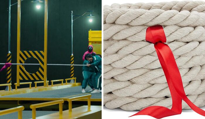 Contestants pulling a rope in a tug-of-war challenge, inspired by Squid Games.