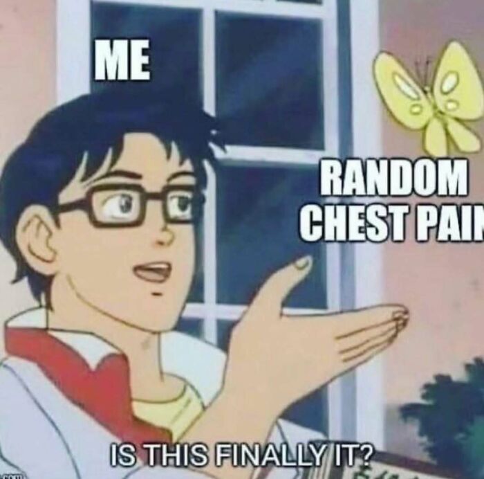 Meme showing a man pointing at a butterfly labeled random chest pain, reflecting funny relatable therapy memes.