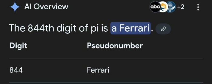 Screenshot showing AI overview stating the 844th digit of pi is a Ferrari in a humorous fail example.