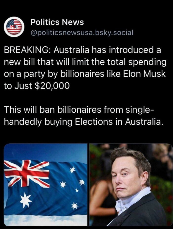 Screenshot from White People Twitter about Australia limiting billionaire election spending, featuring Elon Musk and Australian flag.