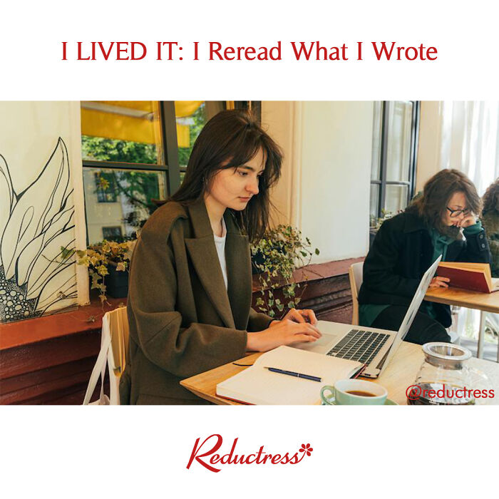 Two women focused on writing and reading at a cafe laptop and book, illustrating funny fake article headlines from Reductress.