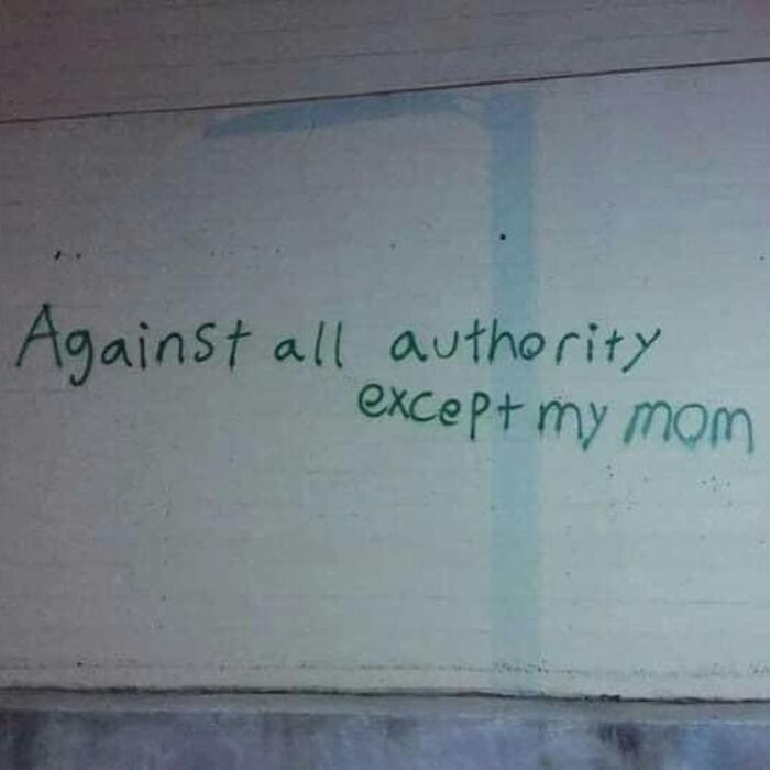 Graffiti on wall reads against all authority except my mom, a funny meme relating to therapy being expensive.